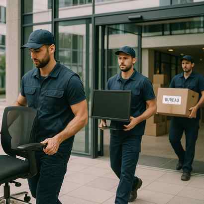 Équipe de déménageurs transportant du matériel de bureau et des cartons dans de nouveaux locaux d’entreprise à Antony.