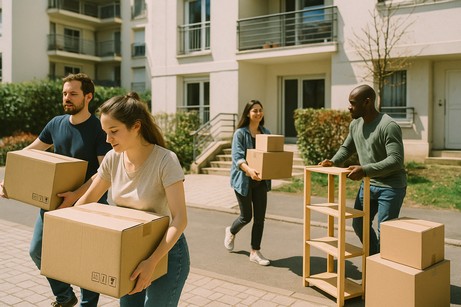 Équipe de déménageurs transportant des cartons dans un appartement à Antony.